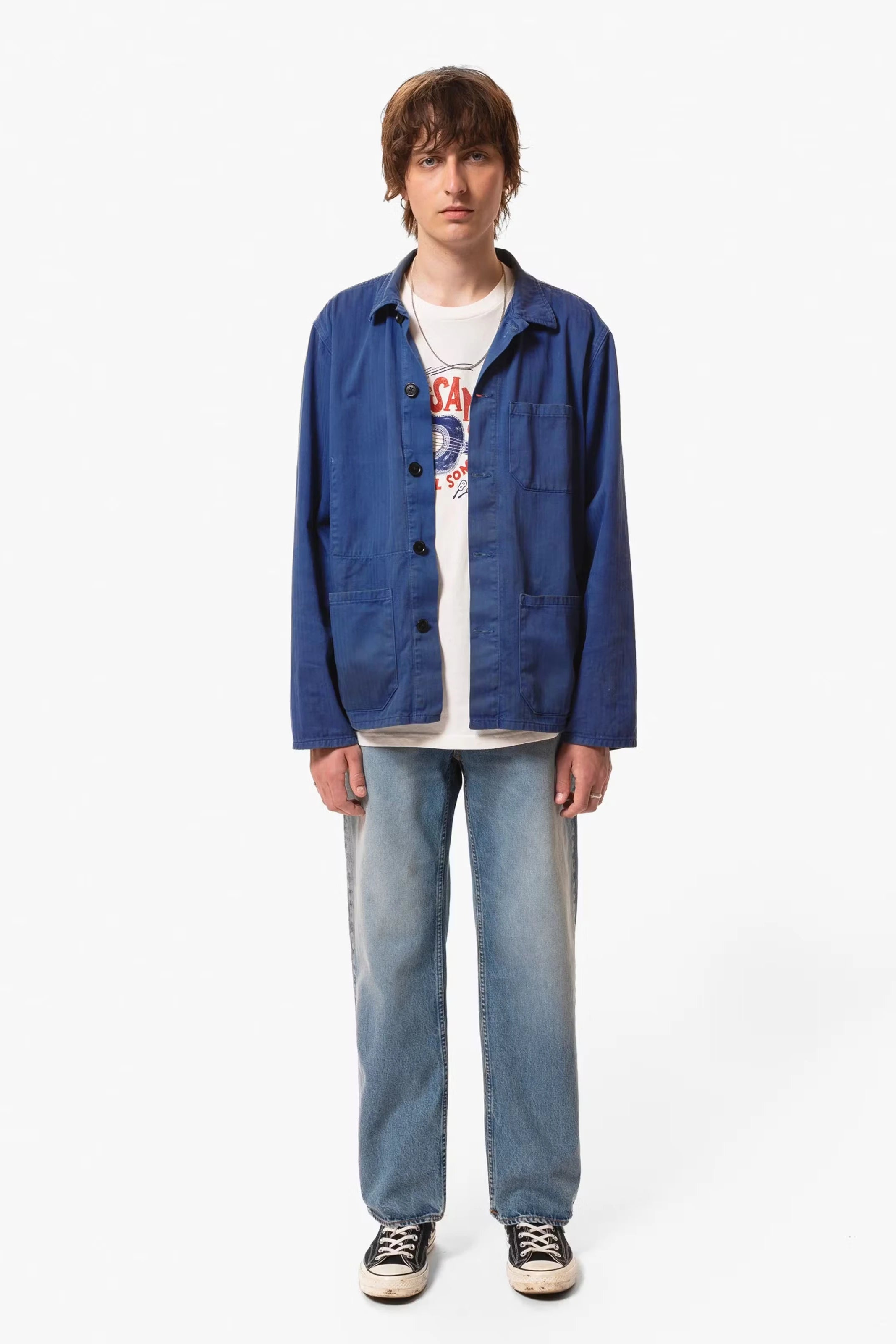 Nudie Jeans Buddy Herringbone Chore Jacket Blue Men s Organic Jackets Large Sustainable Clothing